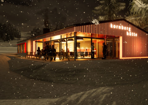 Eingebettet in die Natur und multifunktional - mit Bikeverleih und Gaststätte - soll das neue Kornberghaus gestaltet werden. (Fotoquelle: Kuchenreuther Architekten)