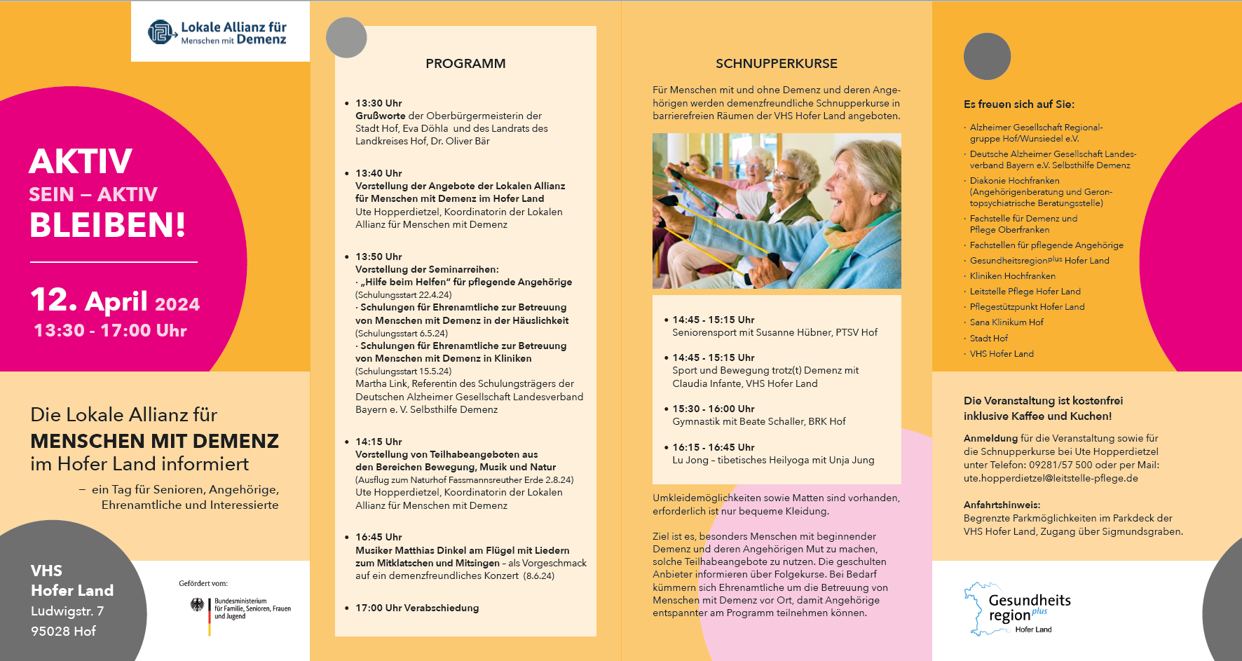 Flyer zur Veranstaltung "Aktiv sein - Aktiv bleiben!" für Senioren in der VHS Hofer Land mit Programm.