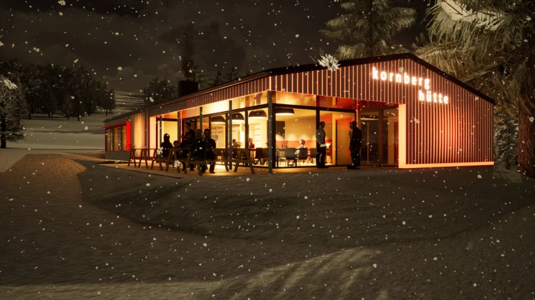 Eingebettet in die Natur und multifunktional - mit Bikeverleih und Gaststätte - soll das neue Kornberghaus gestaltet werden. (Fotoquelle: Kuchenreuther Architekten)