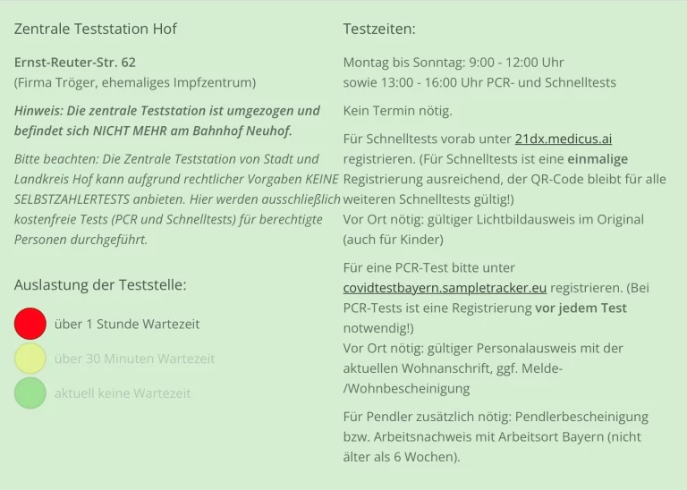 Ab sofort Wartezeit-Ampel für Zentrale Teststation Hof (Ernst-Reuter-Str. 62)